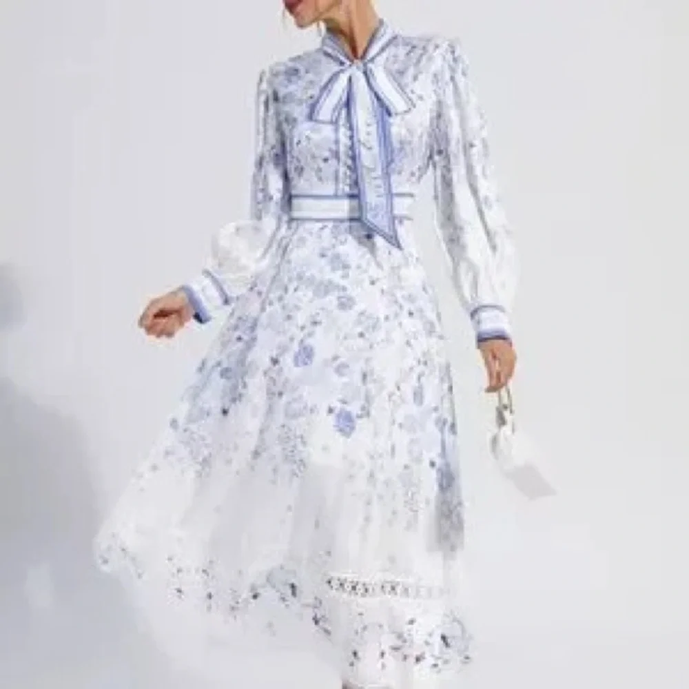 Chic Long Sleeve Floral Dress in Blue and White - Picture 1 of 14